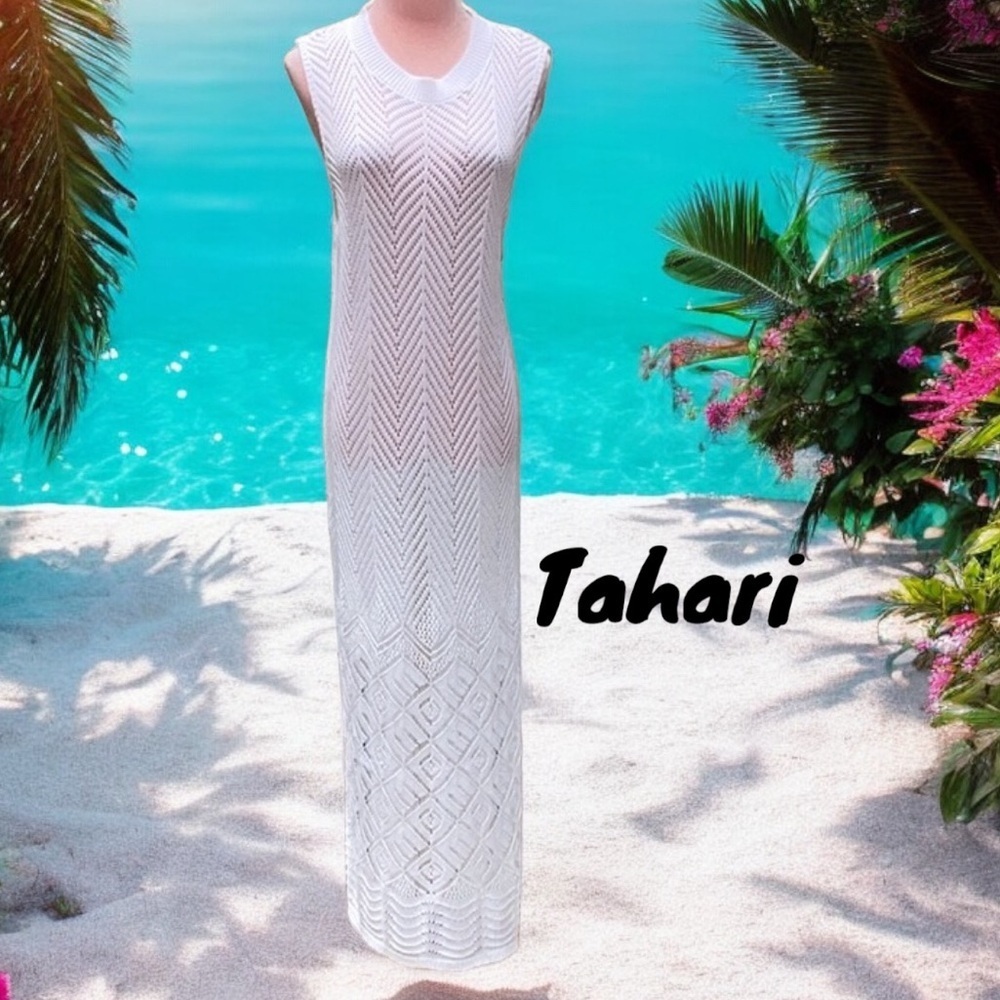 TAHARI NWT WOMENS CROCHET WHITE LONG DRESS SWIM COVER UP XL